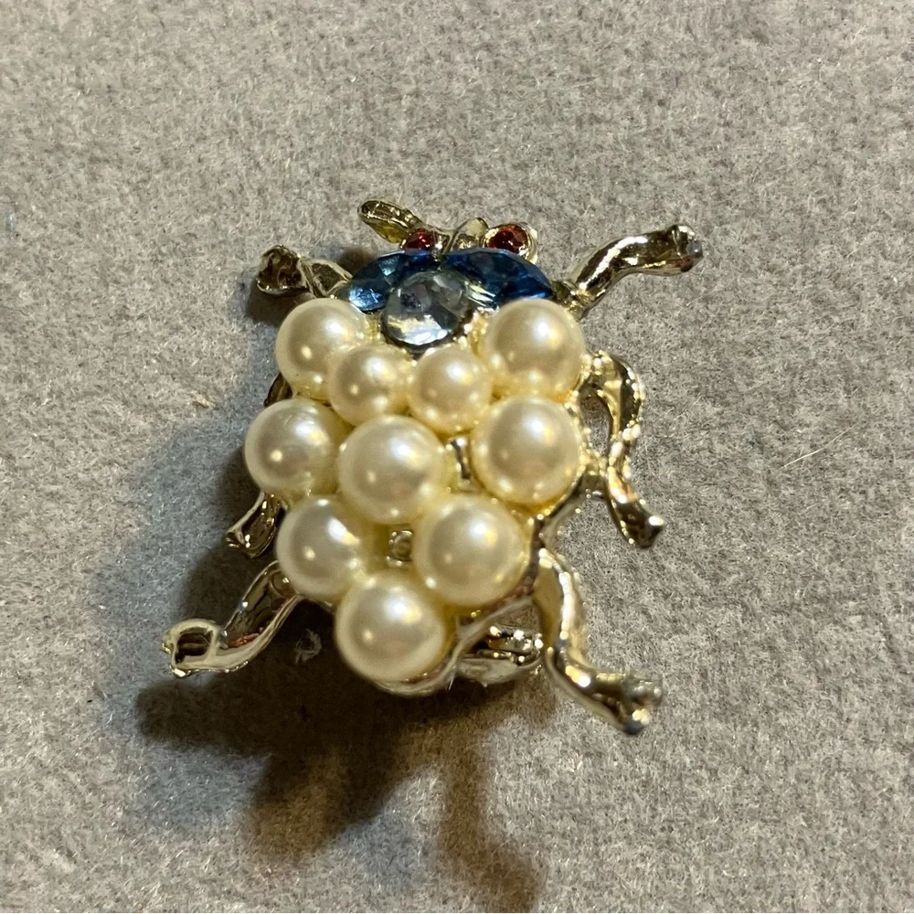 Vintage Rhinestone and Faux Pearl Bug Brooch